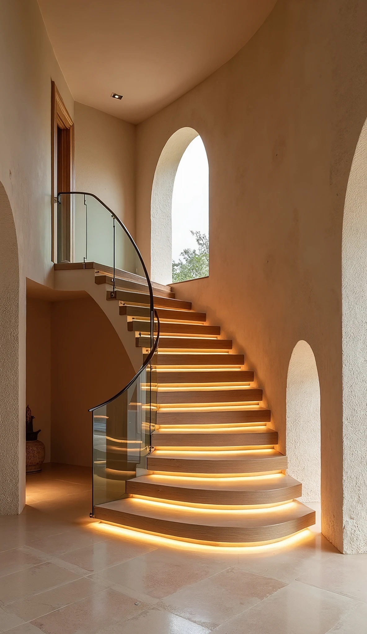 Stucco Railing There is a staircase with a glass railing and a glass railing - SeaArt AI