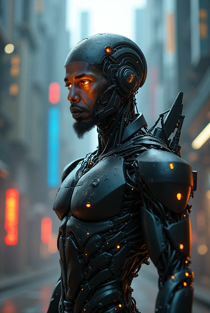 Cyberborg man with dreadlocks in jamaican fantasy neon city