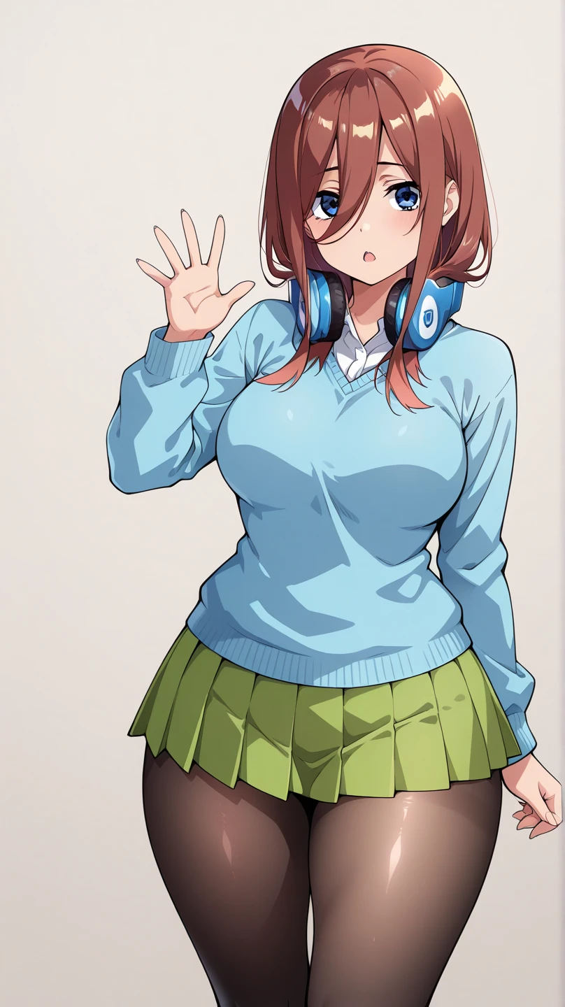 Masutepiece, Best quality, (highly detailed CG Unity 8k wallpaper) (Best quality), (Best illustration), (Best shadows), 1chifa, alone, Miku nakano, brown hair, blue eyes, beautiful eyes detailed, Looking at viewer,((Blue cardigan)),((Short green pleated skirt)),((black pantyhose)), in heat, lifting skirt with hands, embarrassed, seductive, large breasts, medium waist, hips wide, wide thighs, pov (from below), room, bedroom, standing,