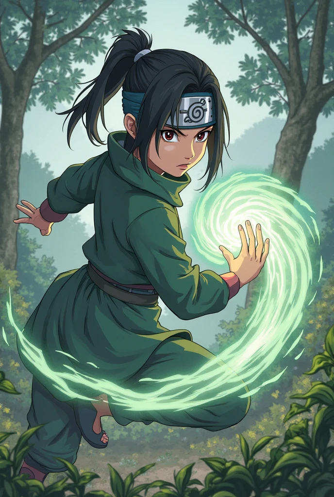 A 16-year-old woman wearing a konoha bandana on her head performing a jutsu with her hand