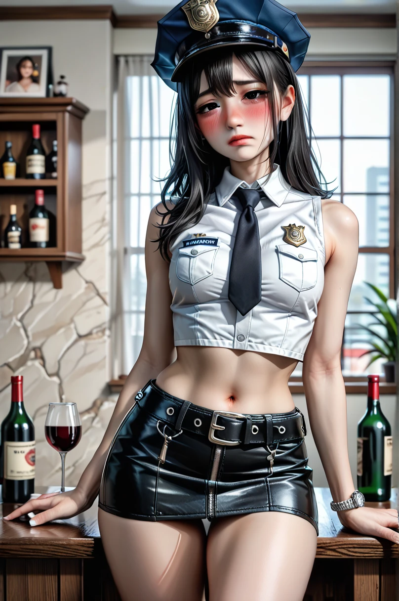 Women in crop top waitress uniform, showing navel, pants