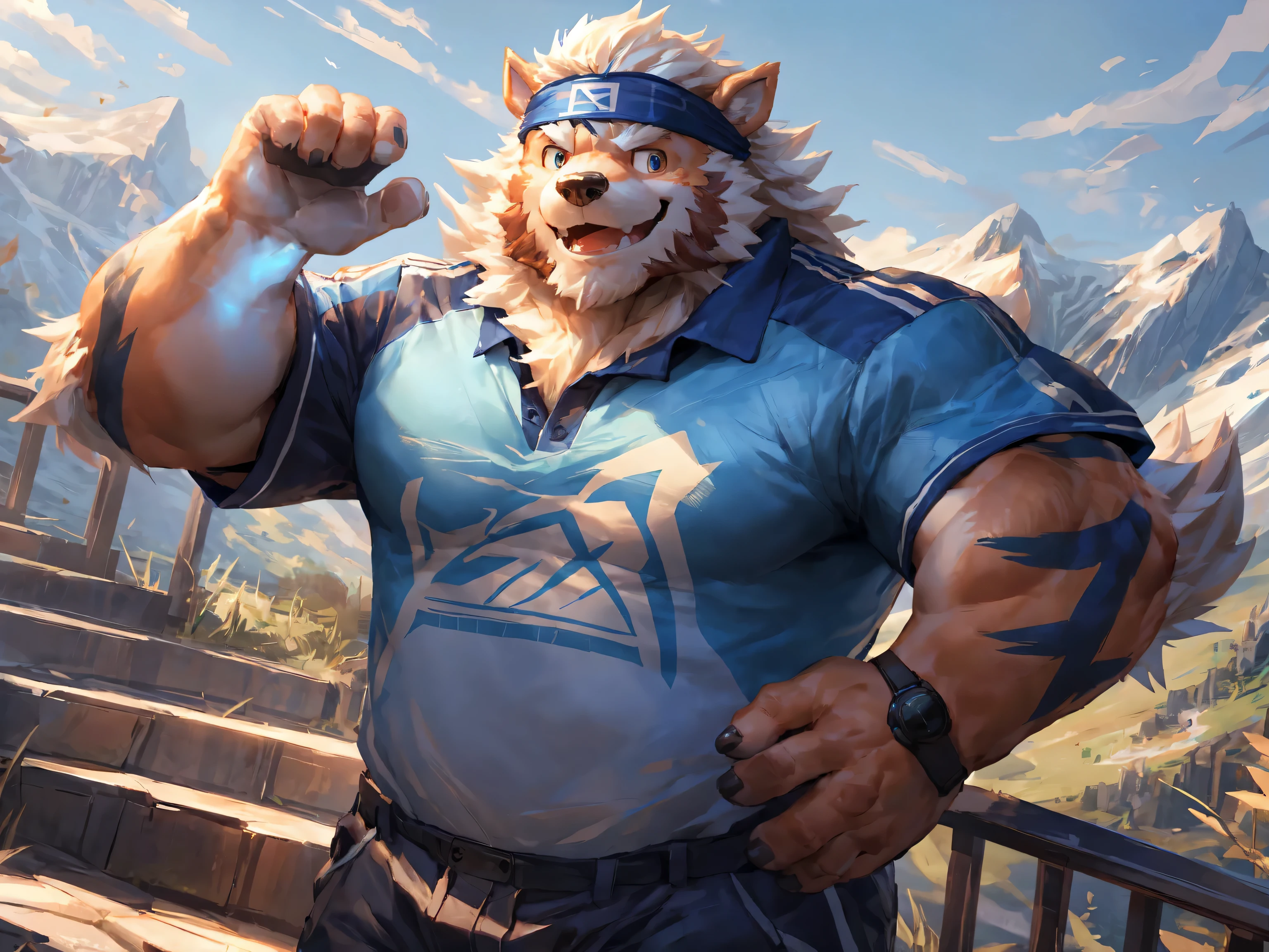 correct anatomy, Various facial details, Eyes details, arcanine, beard, wave hand, stairs, mountain, morning, expect, smile, blue sport shirt, headband, cartoon, by lindong, by null-ghost, (masterpiece), (16K), HD, high resolution, high quality, fullbody picture, looking at camera