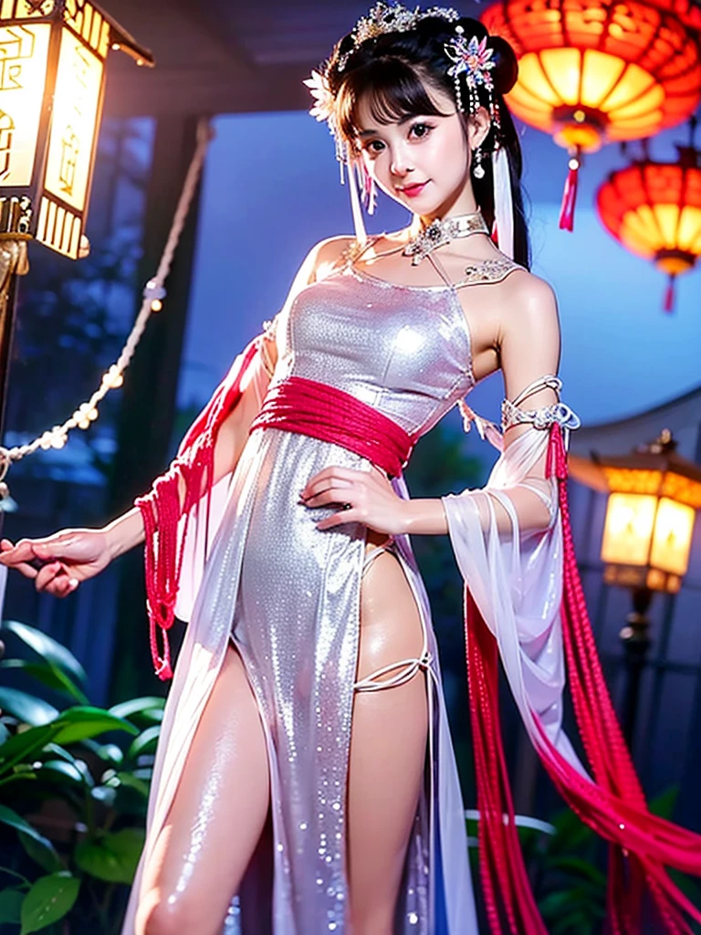 ((top-quality、masutepiece、8K、Top image quality、Hyper-Realism))、(Photos of the most gorgeous Chinese s:1.5)、((She sgracefully、The most gorgeous Chinese prostitute&#39;sume、the most vivid and luxurious costumes、big long costume、Perfect makeup、long eyelashes、pink lipsticks、pink aisha))、(women look at me、A slight smil、perfect anatomia)、((The background is a very gorgeous night view of a garrison palace.、Detailed and glittering night view of the garrison、Midnight、total darkness))