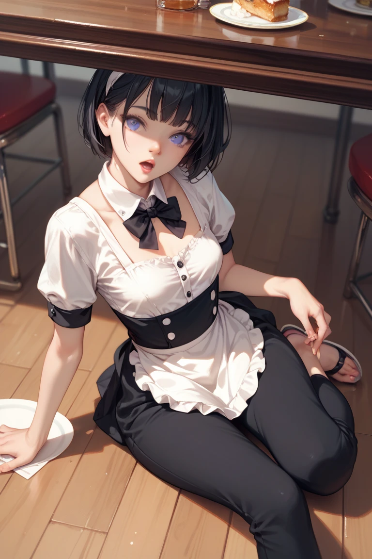 1girl, pale skin, young, short blue hair, bangs covering left eye, thick eyebrows, blue eye, black maid outfit, white apron, white stockings, small waist, wide thighs, thigh gap, sitting on ground, mayonaise spiiled on legs, side view, close up, photorealistic, masterpiece, highres, super details, 16k,pouting,hard blushing,shy