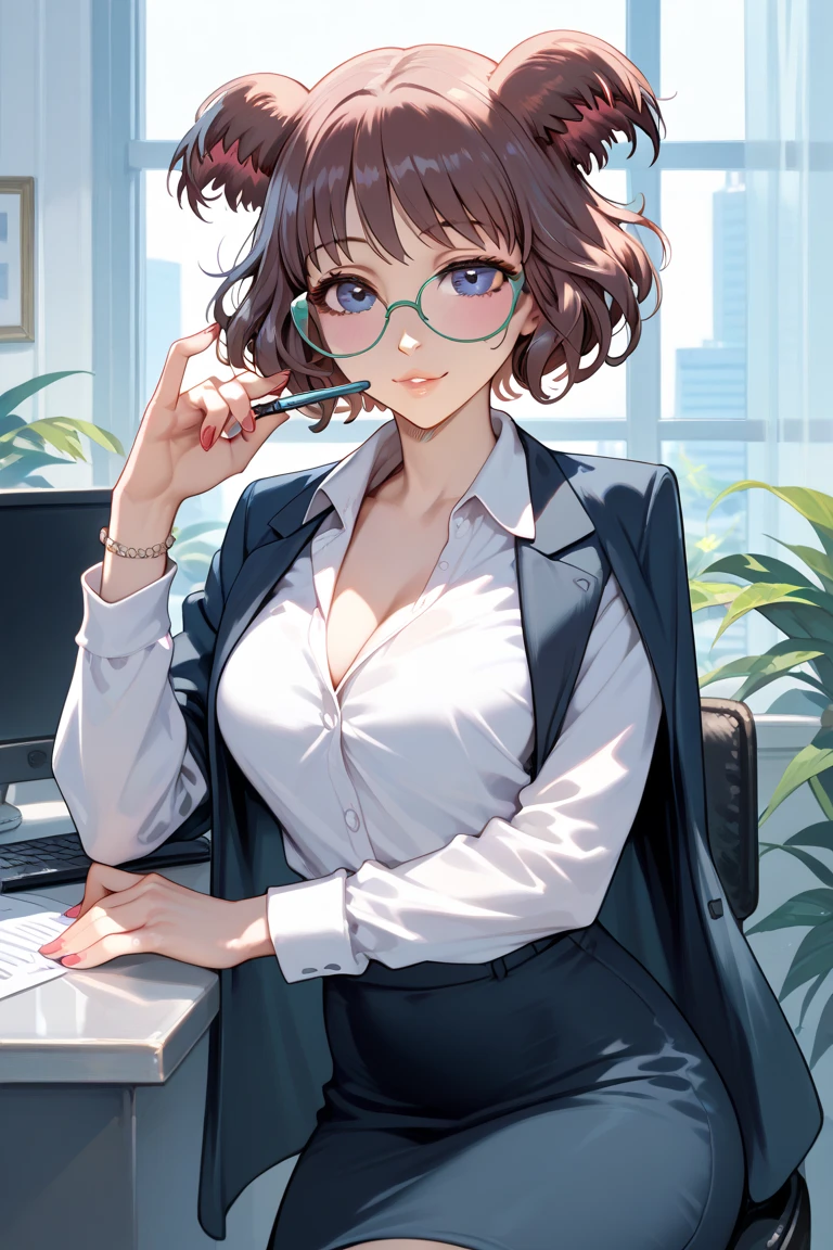 (highest quality:1.1), (masterpiece:1.2), high quality shadow, beautiful details, beautiful face, fine eyes, off shoulder outfit,Depth of bounds written, High resolution, best shadow, best illumination, 1 girl, view viewer, (black hair:1.3),brush-cut,extra belly short hair, dull bangs, long hair, black eye, shy, big breasts, mini skirt, blouse, blazer, pump, office lady, Glasses,cleavage,look into the camera,smile,closeup cleavage,super skirt