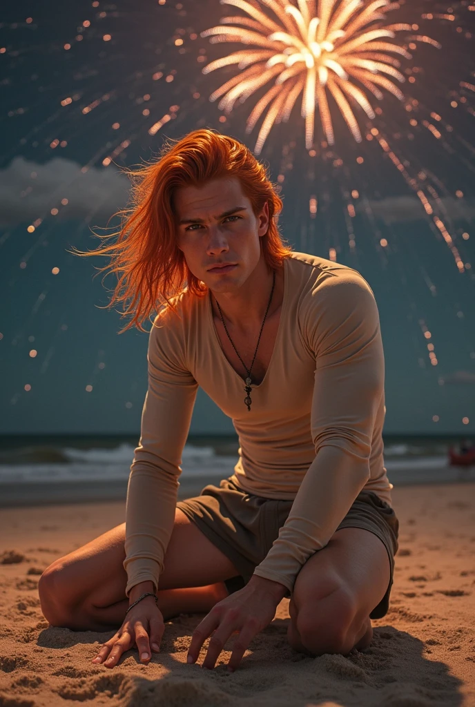 1 male, (male model) hot skin, masterpiece, top quality, the most handsome man in the world, por Sightseeing, perfect body, handsome male model, Attractive male lead of 20 to 25 years of perfect age., Orange hair, summer, Seawater, blue sky, White clouds, Solid and handsome young man in transparent white shirt., transparent white fabric, off shoulder jacket, exposed chest muscles, thigh gap, ((exposed transparent black briefs)), (male focus), (soft body)), smile, Lovely, dynamic pose, fresh and seductive, dramatic lighting , Whole body shot, Whole body shot, young face, Whole body, hairless body, tall and thin, shaped body, Famous, white or light skin, young face, toned body, High Definition, natural skin tones, Soft lighting, High detail, Audience view, Photography, detailed skin, real people, Realism, Realistic optics, crazy details, Face details, Maximum Magnification , SurRealismo exagerado , movie , a lot , light and intricate detail , High detail , High detail , Digital paint , art station , Conceptual art , soft focus , sharp , illustration , unreal engine 5, 8k, art by Ross Tran and Greg Rutkowski and Alphonse Mucha, HD, 8k, Screen only for men .8k Ultra HD, DSLR, low light, high quality, movie grain, Fujimovie XT3, men's fan , 2-person model, Two people