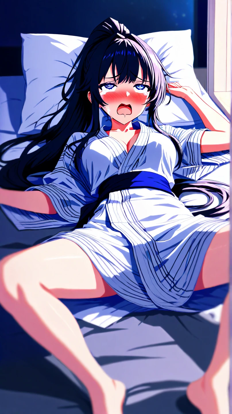 masterpiece, best quality, 1 solo girl, dark blue hair, blue eyes, wavy hair, long hair, medium breasts, mature body and face, white Greek tunic, jewelry, hair ornament, earrings, tatami, night sky, cowboy shots, sexy pose, dakimakura, detailed body, face, and eyes, sharp focus, vibrant, creative, dynamic, high definition, high resolution, 8k, (Upscale: R-ESRGAN 4x+ Anime6B), (Image enchance:4x), voluptuous body, lying in the bed