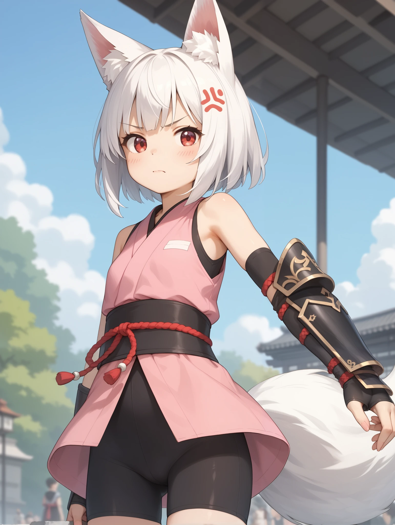 1 girl, Kitsu, white hair, short hair, fox ears, red eyes, Make 2 tail , black shorts, bike shorts, pink kimono, sleeveless, arm guards,
anger, arm-crossed,
masterpiece, best quality,great quality, very aesthetic, Absard Dress, depth of field, blurry background, very detailed faces, detailed eyes