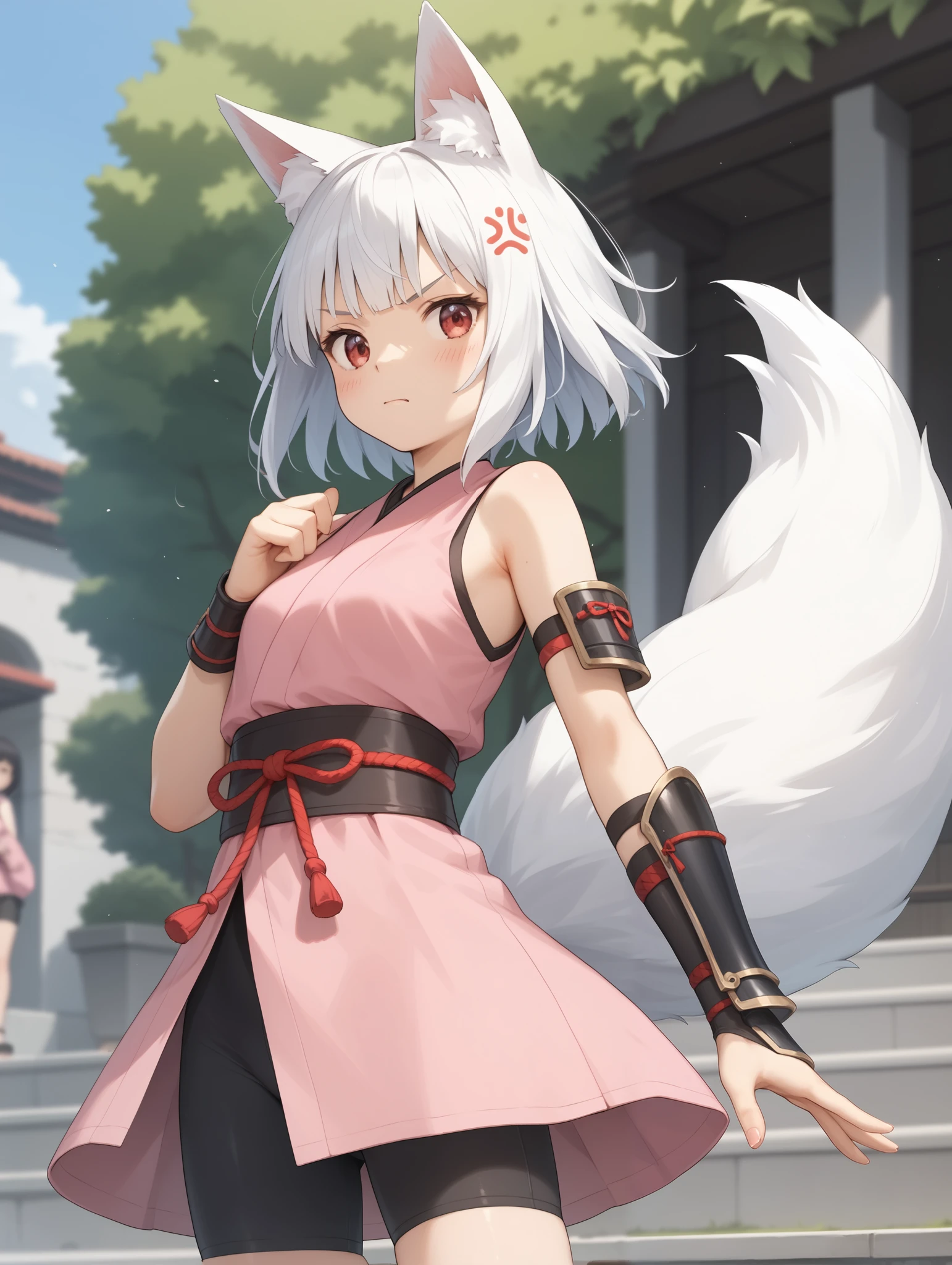 1 girl, Kitsu, white hair, short hair, fox ears, red eyes, Make 2 tail , black shorts, bike shorts, pink kimono, sleeveless, arm guards,
anger, arm-crossed,
masterpiece, best quality,great quality, very aesthetic, Absard Dress, depth of field, blurry background, very detailed faces, detailed eyes