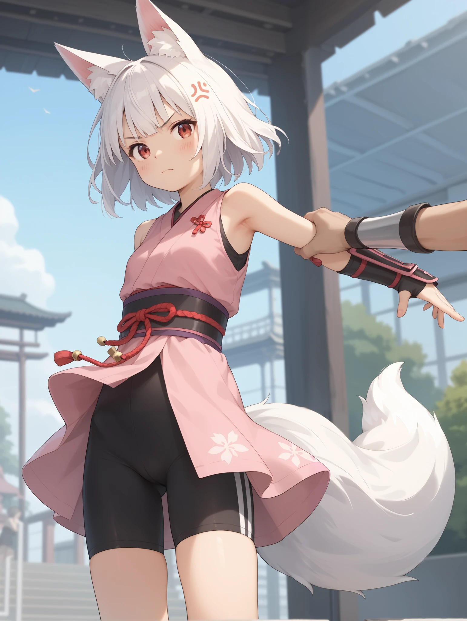 1 girl, Kitsu, white hair, short hair, fox ears, red eyes, Make 2 tail , black shorts, bike shorts, pink kimono, sleeveless, arm guards,
anger, arm-crossed,
masterpiece, best quality,great quality, very aesthetic, Absard Dress, depth of field, blurry background, very detailed faces, detailed eyes