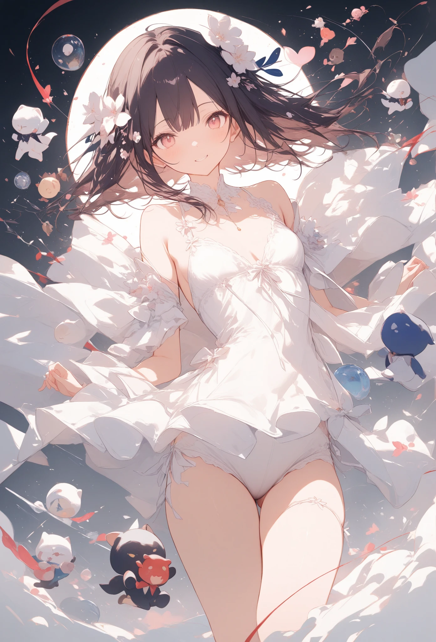 (high quality, High resolution, Very detailed, reality:1.37), Peaceful atmosphere, (Outdoor, garden), 5 year old girl standing alone, (my breasts are small.), Beautiful details, Cute Smile, (Black bob hair), White sheer camisole dress, White socks, White high heels、White Hat.(((NSFW)))Sheer milk、Crotch showing through