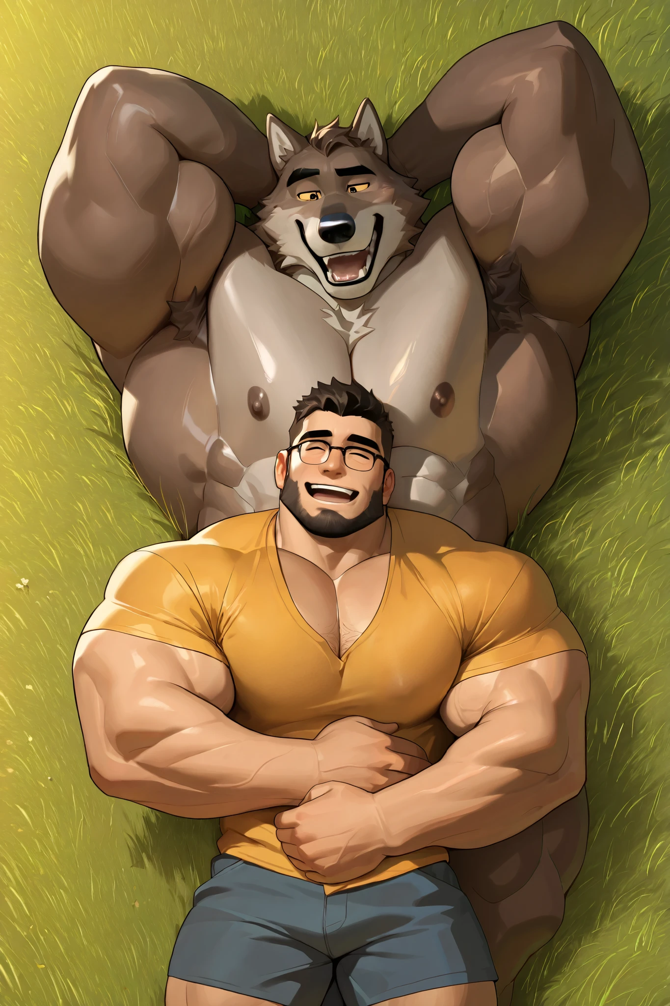 musculoso medio and chubby, brown bear,Naked, grabbing and showing his penis, while masturbating, Full of cum, While having sex with an anthropomorphic tiger  en mystikfox61