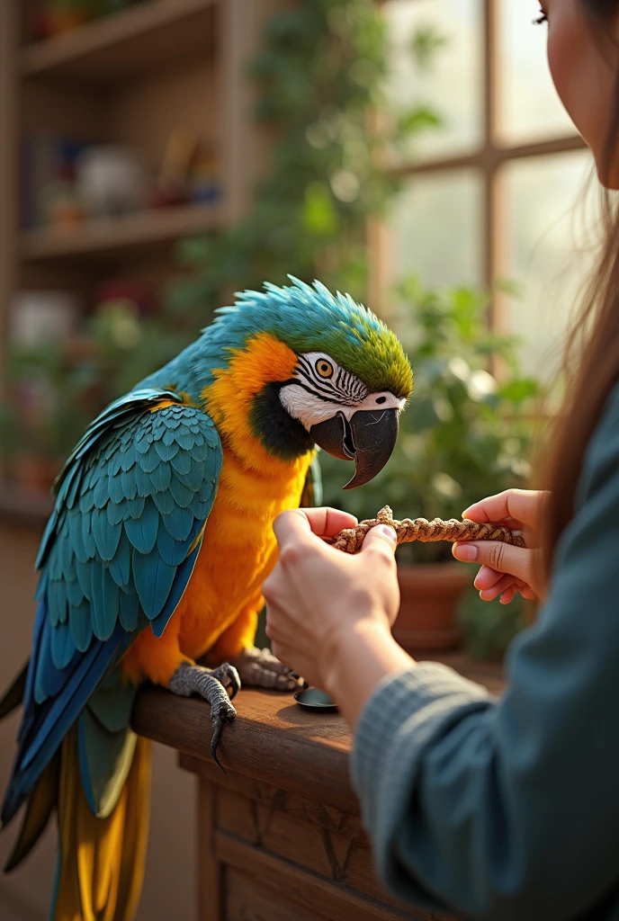 Felipe, cabelo grande cacheado quase crespo, um pouco pardo, um sinal na sua bochecha esquerda, magro, camisa azul claro, and a collared parakeet in your hand