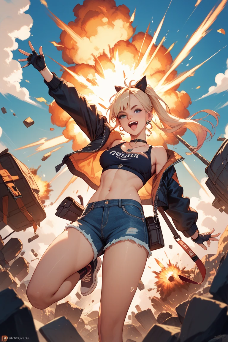 A highly detailed and dynamic illustration of a Tank Girl-like character in a post-apocalyptic setting. The character is wearing a yellow Pikachu-inspired hoodie, with a target-patterned bikini top, pink bikini, and mismatched socks. She is carrying a large gun and a revolver, with grenades attached to her belt. Her hair is vibrant green and she has a confident, rebellious expression. The background features a dramatic fiery landscape with smoke and embers, creating an intense atmosphere. The overall style should be reminiscent of comic book art with bold lines, vibrant colors, and a gritty, energetic aesthetic.