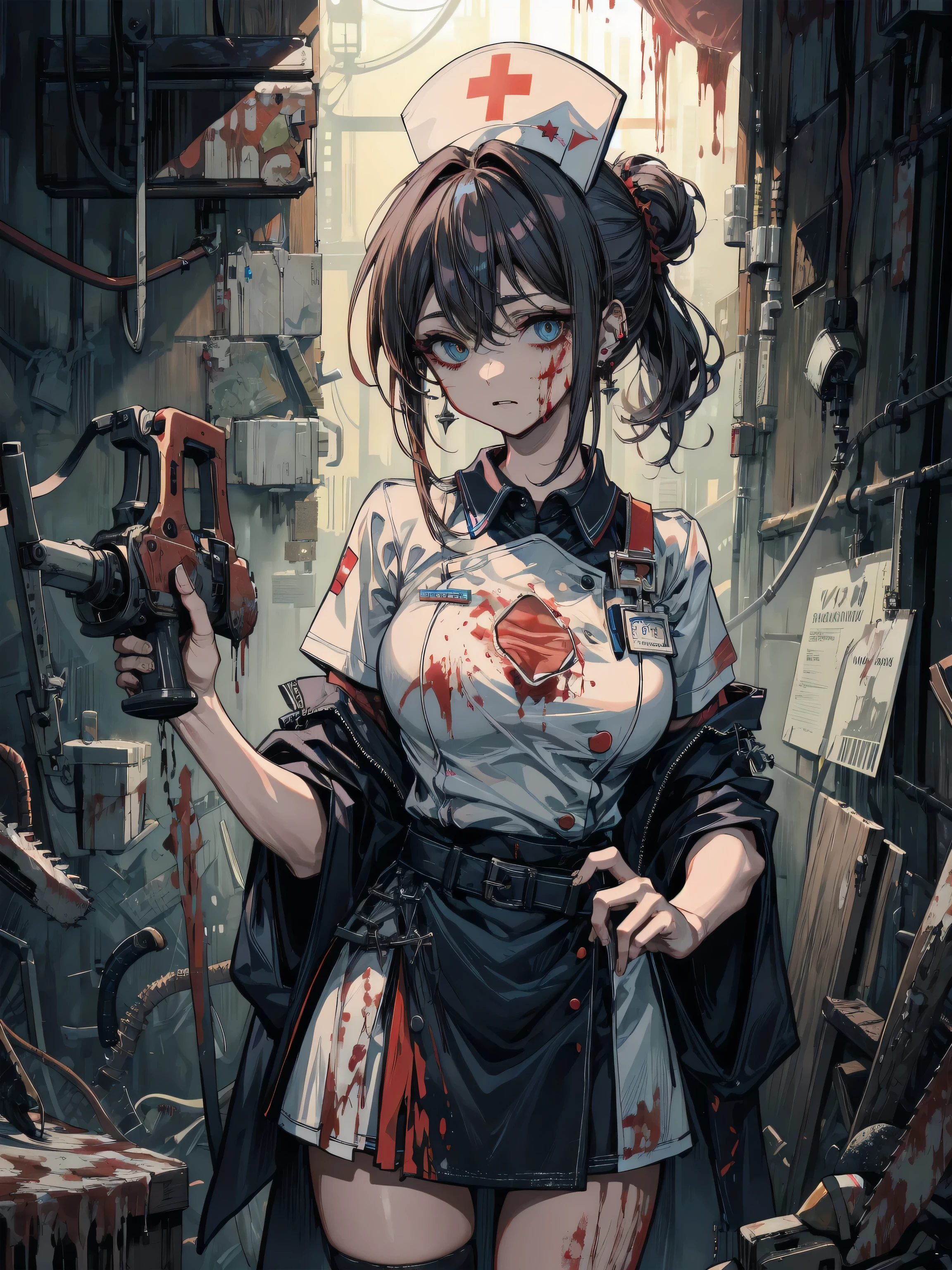 (extremely detailed fine touch:1.3), (((semi-rimless round eyewear:1.3))), (headphone:1.2), short hair, blunt bangs, 1 girl, cowboy shot, evil smile, overalls., holding chainsaw, Bloody skin, dirty skin,
