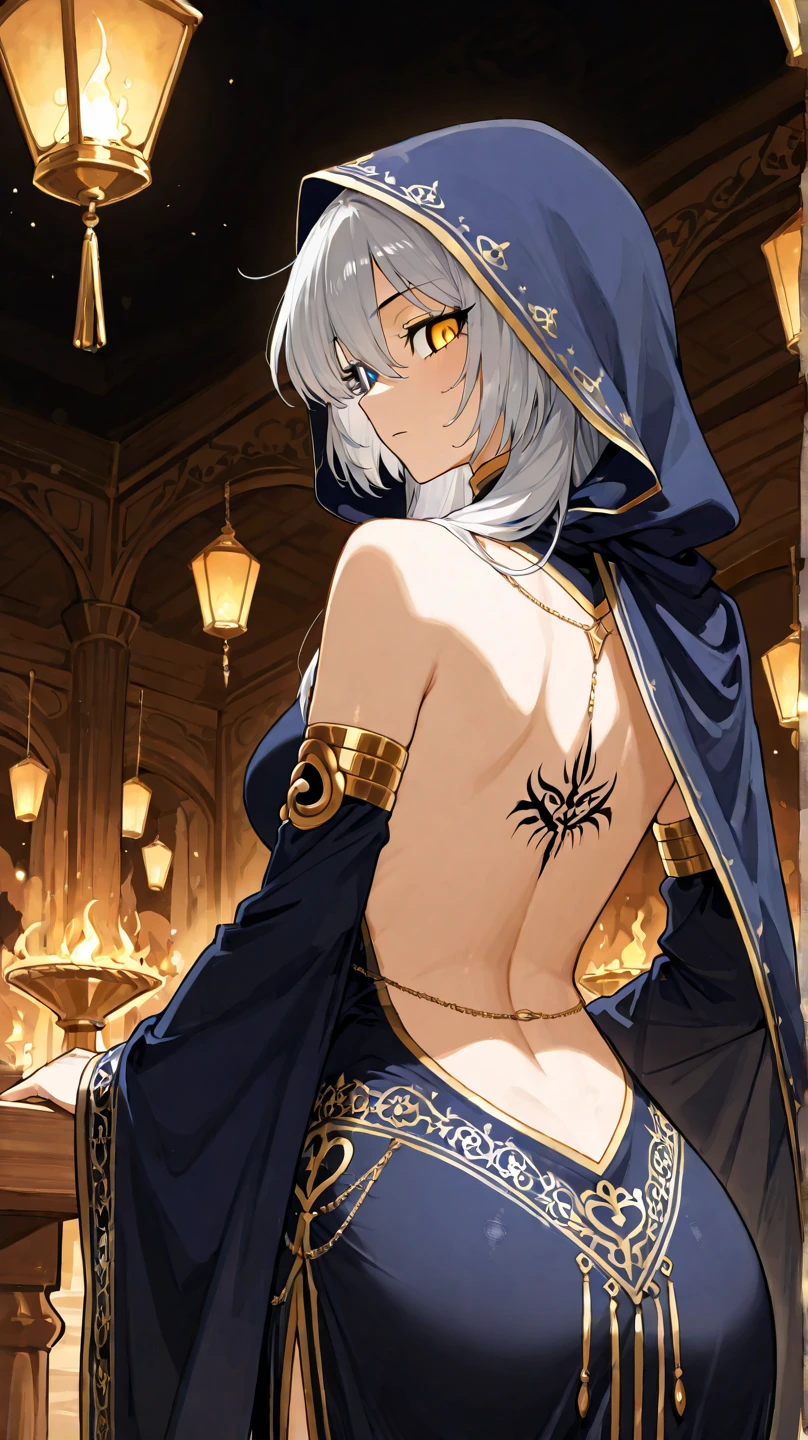 masterpiece, highlydetailed, ultra-detailed, solo, (1girl), (dark skin), yellow red eyes, short hair, grey hair, white cat tail, black cat ears, Anubis girl, small boobs, (Arabian background), (desert), (Arabian clothes), (smile), (harem pants), (tube top), (shawl), (headpiece), (jewelry), (princess), naughty, (14 y.o), short, young