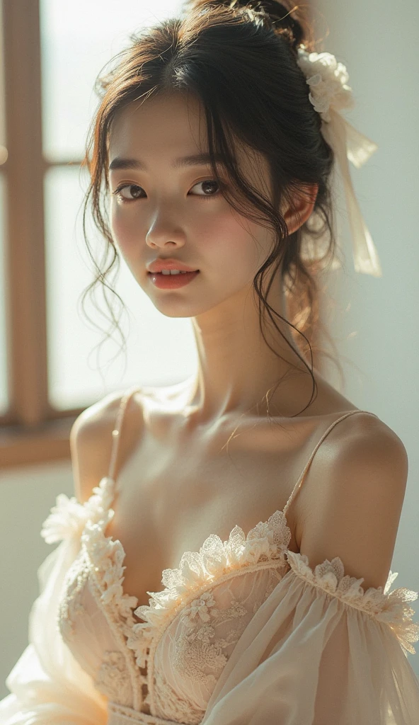 Mustem, top quality, illustration, ultra high definition, fine details, high resolution, 8k wallpaper, Complete dynamic configuration, beautiful and delicate eyes, wearing an elegant dress, Naturally colored lips, random cute pose, perfect and beautiful face , cute, sexy face, feminine face, Rich rose flower field