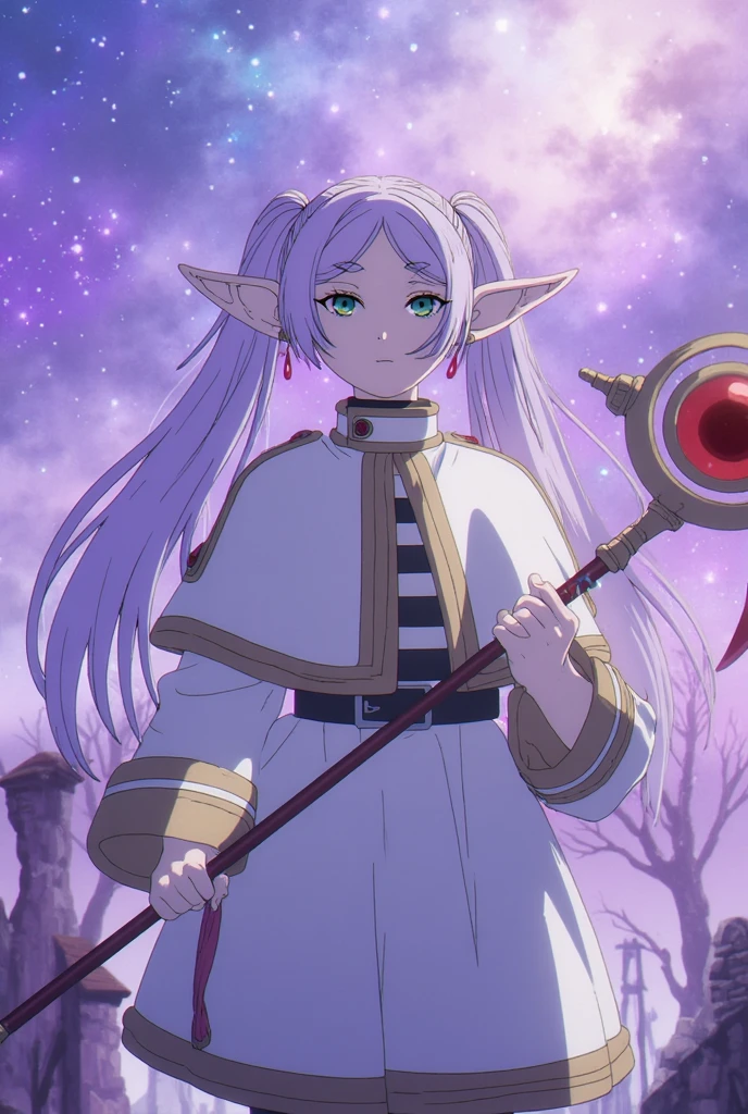 1girl, belt, capelet, closed mouth, earrings, elf, flower, frieren, holding, holding staff, jewelry, light rays, long hair, long sleeves, looking at viewer, on bed, outdoors, parted bangs, pointy ears, ribs, ring, shirt, smile, solo, wagashi, white capelet, white dress <lora:frieren:0.7>, illustration of a anime girl imagination, art brut, polychromatic neon, phantasmagoria, vray, polychromatic noir, hyperrealistic photo by Seebas Apterus and Larry Bell art, blending, smooth, serious, detailed expressions, artstyle, detailed eyes, HDR, UHD, 64k, RTX, sharp, sharp focus, highly detailed, intricate detail, professional, artistic flow, ultra detailed, high resolution photography, (bright colors)