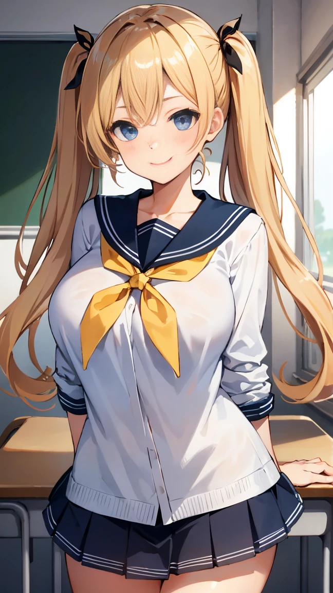 (anime artwork, anime style, studio anime, very detailed, up to date, vibrant, Anime Coloring, high contrast, masterpiece:1.2, best quality, best aesthetics), woman in sailor suit, pleated skirt, big breasts, hair accessory, A glimpse of thighs, blonde, long straight hair, perfect proportions, high detail skin, Cute, detailed faces, random sexy pose, school classroom, precise fingers,