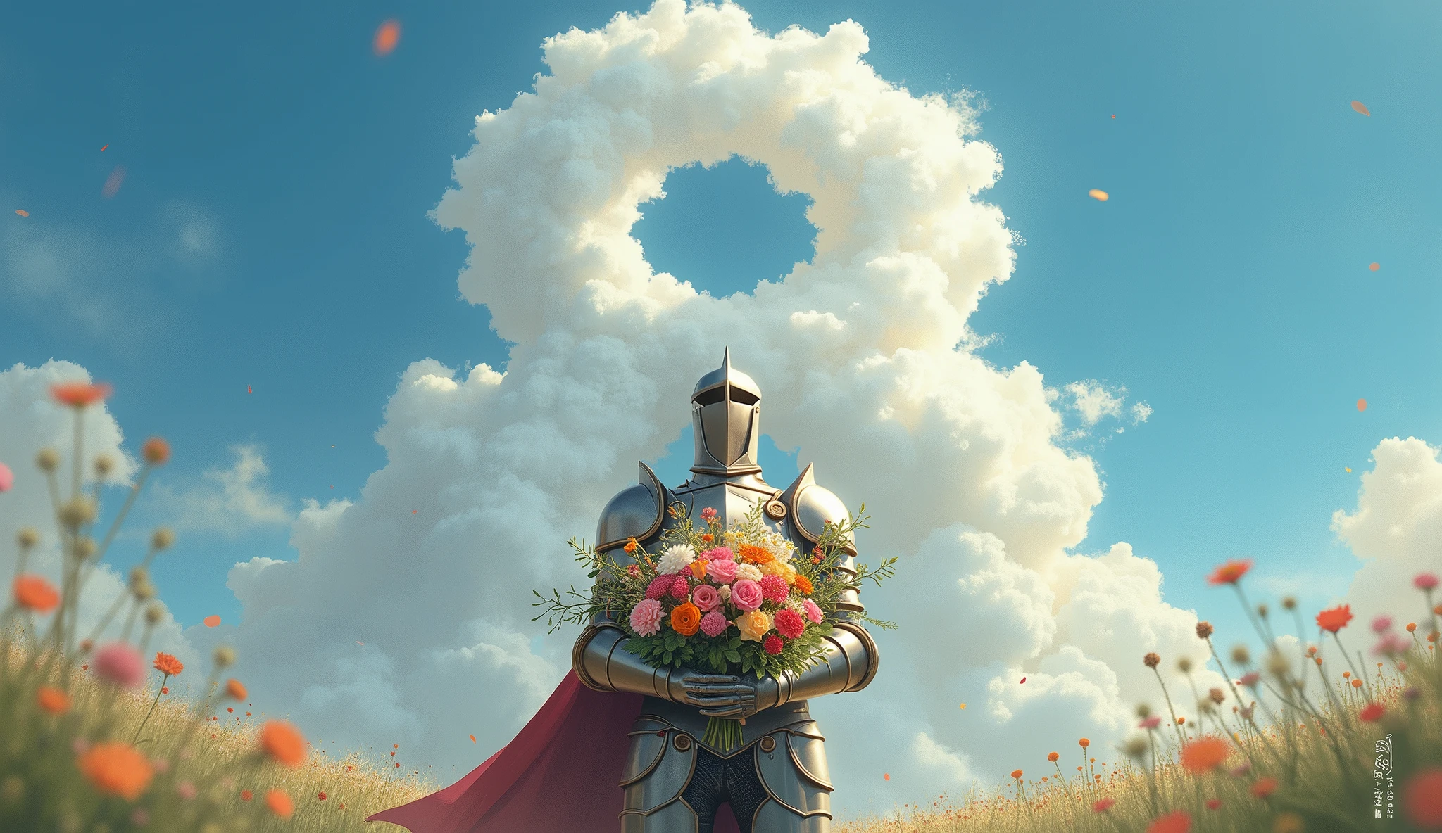 There is a man in armor holding a bouquet of flowers - SeaArt AI