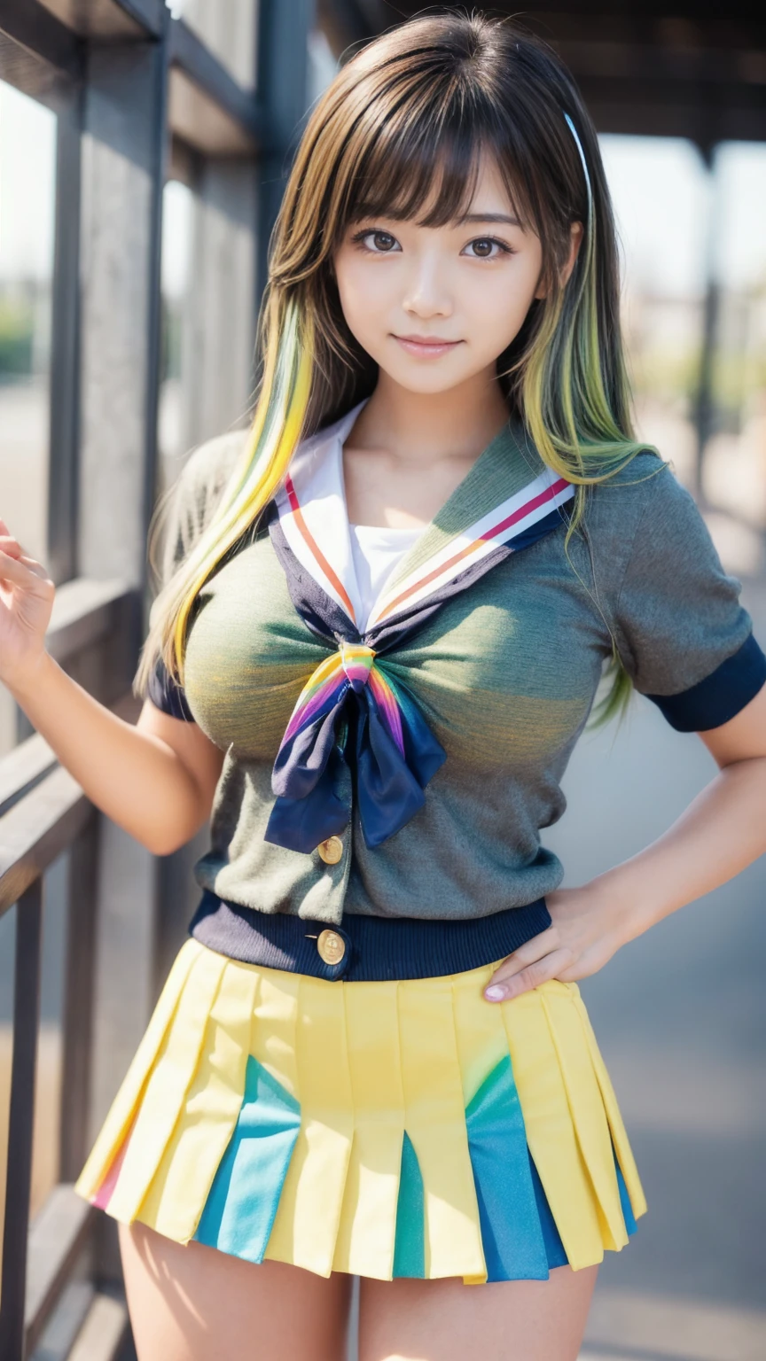 (8K、Raw photography、Highest quality、masterpiece:1.2),(Black Hair、Dark Eyes:1.9),(High school girls、school uniform:1.6)、View your audience,Viewed from the front,White skin,(:1.3)、(Tight waist:1.6)、(Clothes that accentuate the shape of the breasts:1.0)、(Big Breasts :1.3)、Slim figure、Ultra-high resolution,beautiful,beautiful fece,(One person、No background:1.9),whole bodyボディー,Japanese women,(reality的:1.37)、Photon Mapping,reality、(Baby-faced and cute: 1.2)、(Cute Smile: 1.8)、(Round face: 1.8)、Radio City、Physically Based Rendering、Depth of field rally background、photograph, (I can see your knees、Thigh close-up:1.8),(:1.6),whole body、Great quality