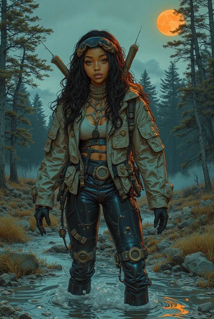 (black woman), sexy, tattoos, (power puffer clothes: 1.2), forest, leaves, mist, lines, background circles