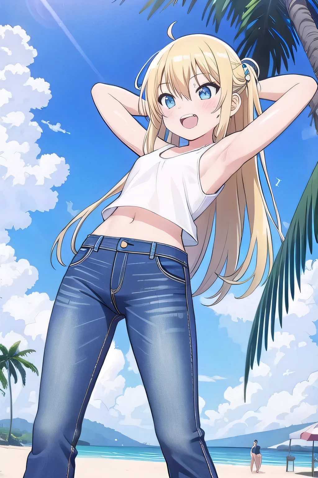 masterpiece,best quality,ultra detail, ((Perfect Face, Perfect Arms, Perfect hands, Perfect Fingers)), 1girl, 14yo, petite, ((round face, ecstasy, orgasm face, drooping eyes, shame smiling, blush)), dropping eyes, sleepy, Open mouth, ((White teeth)), background((under the beach, (day:1.2), palm tree, bright sky)), miku hatsune, ahoge, aqua eyes, (blonde hair:1.4), crossed bangs, hair between eyes, hair ornament, (long hair:1.4), (messy hair:1.7), ((arms behind head, hands behind head, fingers behind head)), ((contrapposto)), spread armpits, looking at viewer,, (white tank top:1.2), (white crop top:1.2), (jeans pants:1.2, flares jeans:1.2, skinny jeans:1.2, blue jeans:1.2), standing, (legs spread:1.4), sex pose, Sweaty crotch, Steam from the crotch, from below, whole body