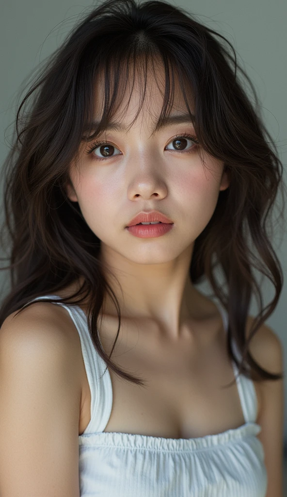 Realな写真、Japan people、、Idol、cute、bangs、Long Hair、Tank top、Detailed face and body、Natural lighting、High resolution、Photorealistic、(Highest quality、8k、High resolution、masterpiece:1.2)、Super detailed、(Real、Photorealistic、Photorealistic:1.37)、Realな肌の質感、Detailed eyes and lips、Beautifully detailed face、Long eyelashes、Smooth Skin、Natural body shape、