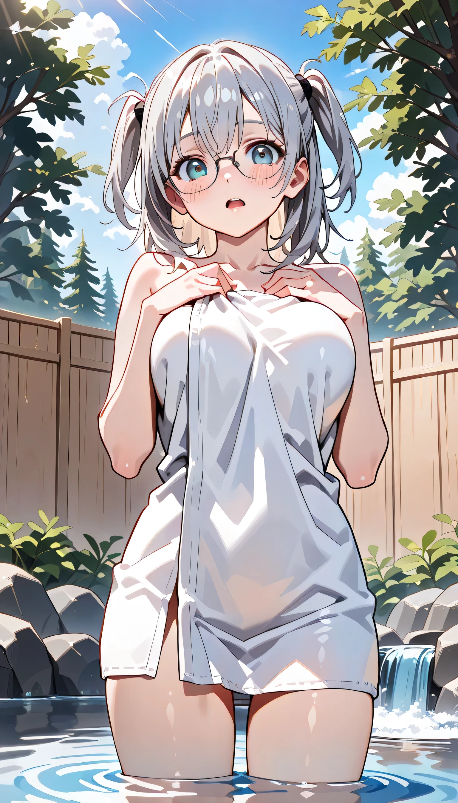 ((ultra-detailed)), (highly detailed CG illustration), (best quality:1.2), ultra-highly detailed, colorful composition, artistic photoshoot, 1girl, solo focus, moe anime character, super popular super idol, girl, dainty facial structure, (bab(round face), ((rounded chin:1.2)), ((ideal ratio body proportions)), celia-default, celia claire, blue eyes, ((wearing glasses:1.4)), g-boston19A, grasses, ((silver hair color)), ((two side up)), ample breast, ((wrap a white bath towel around body)), ((soak in the hot springs)), ((half-closed eyes)), ((a dreamy smile on face)), ((looking upward with a blissful expression)), ((as if lost in ecstasy)), ((open mouth)), ((full face blush)), ((open-air bath in nature)), ((Beautiful blue sky)), ((paradise of forests and lakes)), from behind, best quality, masterpiece, expecting, pink cheek, blush, light pink gloss slip, portrait, depth of field, poured sunlight, sidelighting, (shine), lighting, caustics, ray tracing, perfect face, lustrous skin, highly detailed face, highly detailed eyes, perfect face, perfect nose, perfect hair, perfect eyes, perfect anatomy, beautiful hair, beautiful small face, extremely detailed face, beautiful detailed eyes, beautiful clavicle, beautiful body, beautiful ample breasts, leavage, breasts squeezed together, equalize the size of the left and right breasts, beautiful thin thighs, beautiful legs, beautiful fingers, 4 fingers, 1 thumb, lovely, (very detailed background:1.0), (highly detailed background:1.0), intricate details, winter aesthetic, fun atmosphere in a tourist spot, winter color palette, chromatic aberration