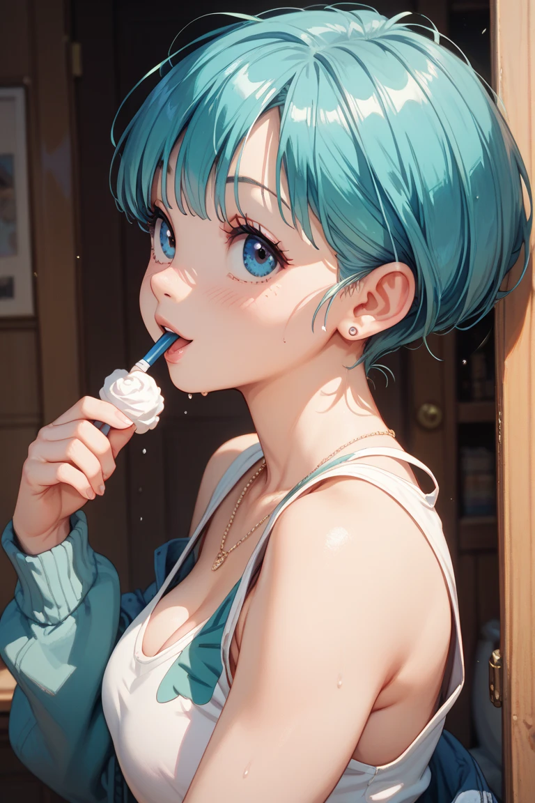 hd photograph of a pretty girl with blue hair, wearing a tank top and shorts, blowing blubbles, summer day, in the style of ilya kuvshinov, dramatic lighting, fantasy, intricate, elegant, highly detailed, lifelike, photorealistic, digital painting, bokeh, hdr, high resolution, artstation, concept art, smooth, sharp focus,