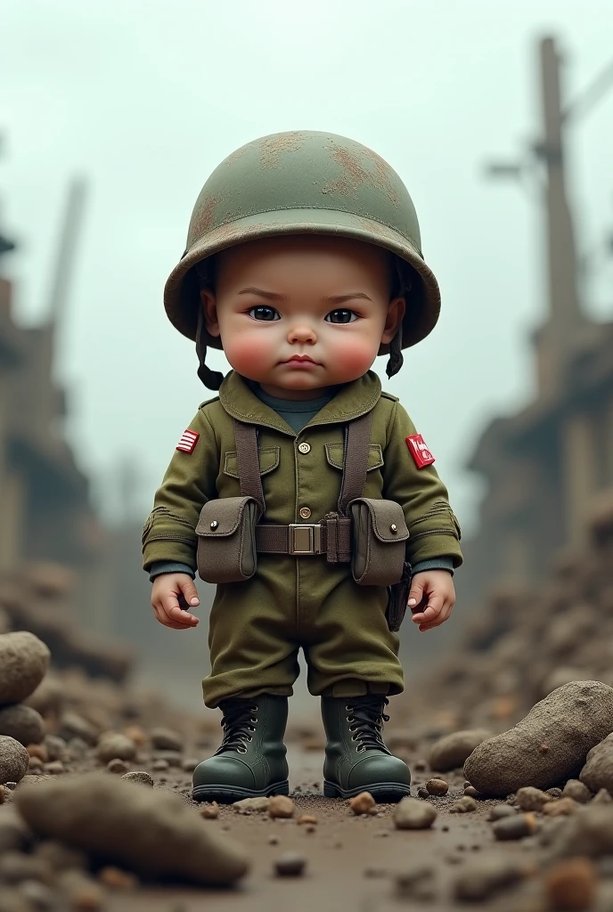 Cute baby with very big head wearing marine uniform and military helmet standing guard in a realistic full body style