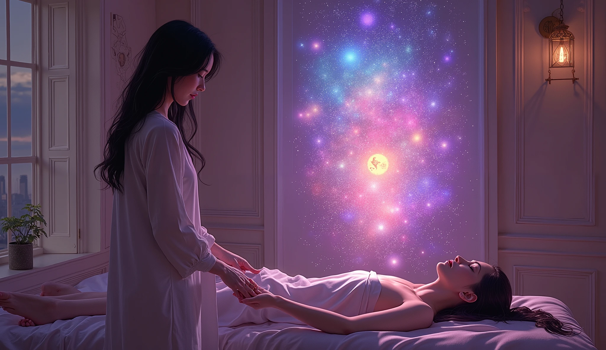  A beautiful dark-haired woman stands in profile with her eyes closed and conducts a healing session with her hands,  who is lying with their feet facing her  ,  face down on the massage table in a cozy office with vanilla-colored walls.  Girls,   the session shines  , Through your hands ,   lying on the feet of the second one who is healing  .  The healer girl's face is projected so that ,  That when her face is replaced, It's her face 


psychedelic cosmic horror, por Hiroshi Nagai, paul laffoley , mystical, supernatural visuals, ilustração psychedelic, arte psychedelic, colorfull,


cosmic psychodelic, Hiroshi Nagai, paul laffoley , mystical, supernatural, psychedelic, ultra-detailed,(Realistic,photoRealistic,photo-Realistic:1.37), vibrant colors, dramatic lighting,  intricate patterns , luxurious textures, elegant composition