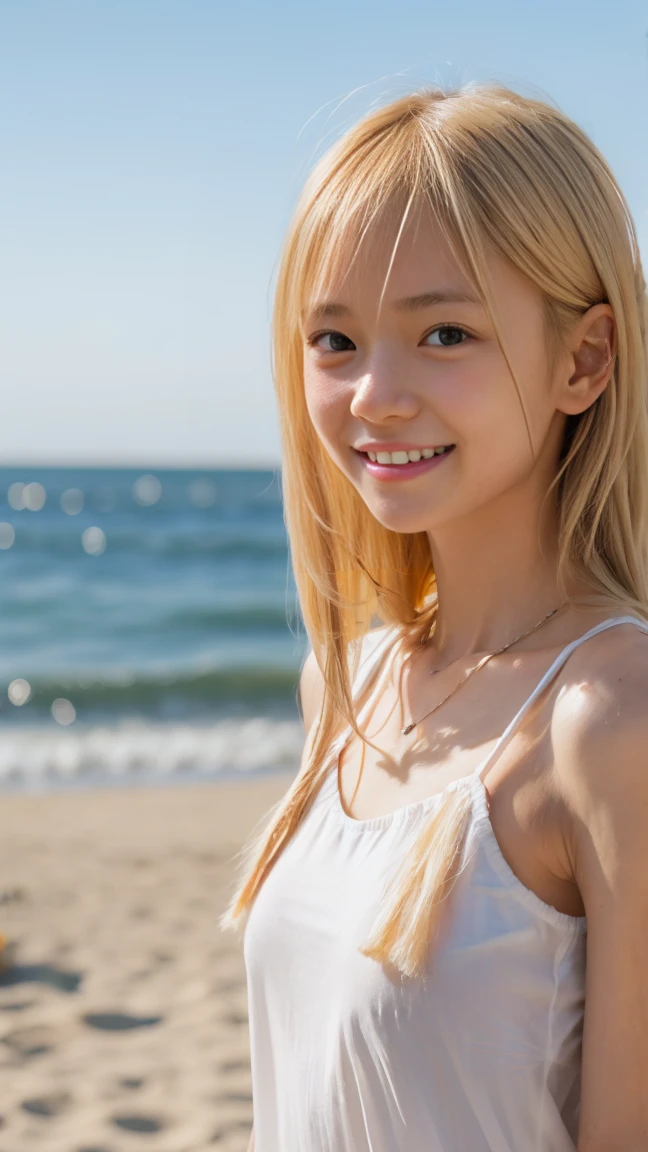 Full nudity、Realistic, 3 beautiful Japanese gals, Selfie, Face Enhancement, Face Zoom, Big smile, Long blonde hair, Wavy Hair, Dark Skin, Beach, bikini, Looking up from below