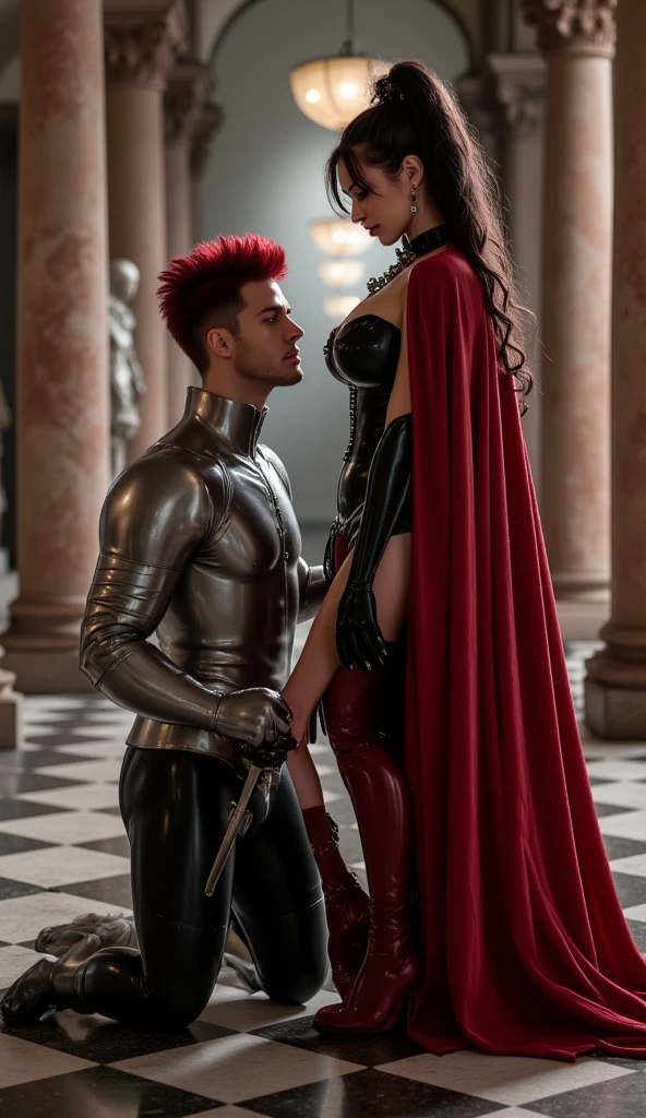 In the castle,Longing image of 1 man and 1 woman in medieval costume,Four eyes opposite,Lovingly,Sexy dress for women,The man wears armor,husband and wife,couple, black leather robes! (Being touched by men:1.5),(Being stroked by a man's crotch:1.5),Hugged,Kiss,Petting the,Love,Love liquid,clothes off,Background with:Medieval architecture,A plant,Intricate, fantasy photoshoot, roberto ferri and ruan jia, wearing leather assassin armor, the witcher)), wearing leather armor, fantasy leather clothing, character turnaround sheet, Front view Side view Rear view, Black and green armored samurai, Surrealist dark art, trending on artstationh, Sharp focus, Intricate details, Highly detailed, by Greg Rutkowski, Bloodborne Unreal Engine 5, Cinematic, Color grading, Portrait photography, Ultra-wide angle, Depth of field, Hyper-detailed, beautifully color-coded, insanely details, Intricate details, (nice hand),detail finger,beautifully color-graded, illusory engine, Cinematic , Color grading, editorial photography , Photography, photoshoot, Shot on 70mm lense, Depth of field, degrees of freedom, Tilt Blur, Shutter speed 1/1000, f/22