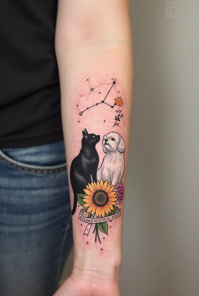 Create a tattoo in white and where a minimalist style appears as a with curly hair, a little prince, a small grey cat, with a starry sky , that has a spiritual context , that focuses on love and eternity