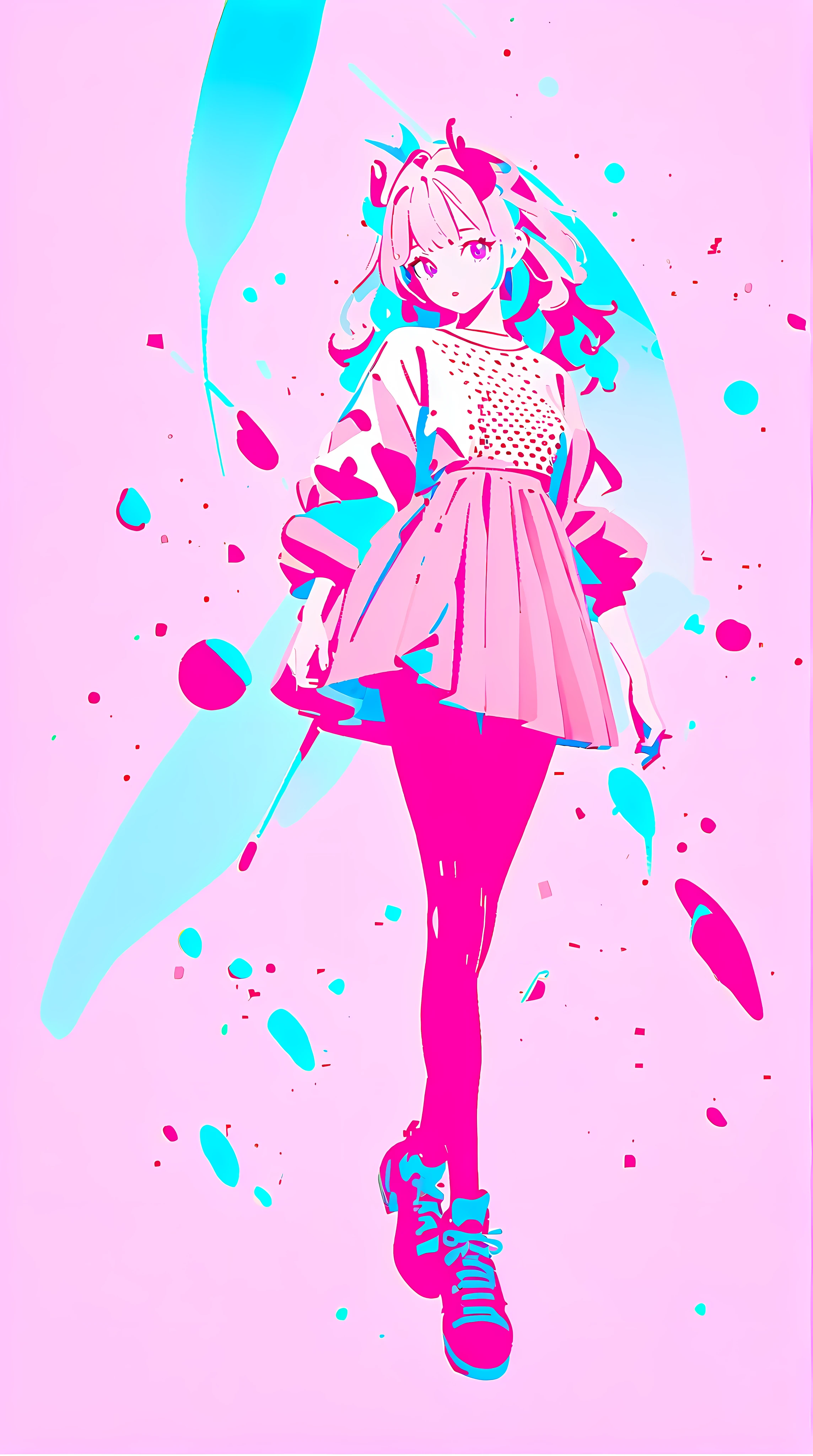 1 girl, beautiful girl、full body shot, pink universe、pink flame、pink aesthetics,,, A line drawing, flat illustration style with thin lines and only three colors, drawing art,,,vivid colored, Limited Palette, flat color, divided brushstroke, Impressionism, stippling, Pointillism, printing dots, printing noise, halftone style chromatic aberration, graphic design, modernism, (Masterpiece), (High detail), (Best quality), 8k, 4K, Ultra HD, (((3d))), Delicate and Beautiful art,