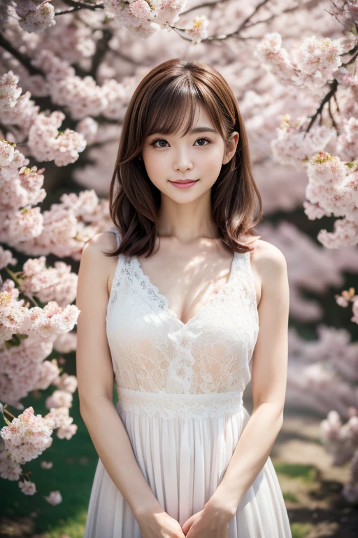 Beautiful white and shining skin、Chestnut hair that changes depending on the light、Long bangs between the eyes that obstruct the view、Cheek gloss highlights、Sexy and very beautiful nice gorgeous face、the most beautiful face in the world、small face beauty、golden ratio、full body shot、short hair、plump breasts、cleavage、slender、open your mouth a little、solo、natural soft light、Spring-like fashion、Chiffon frill flare dress、Cherry blossom trees、Dancing cherry blossom petals、