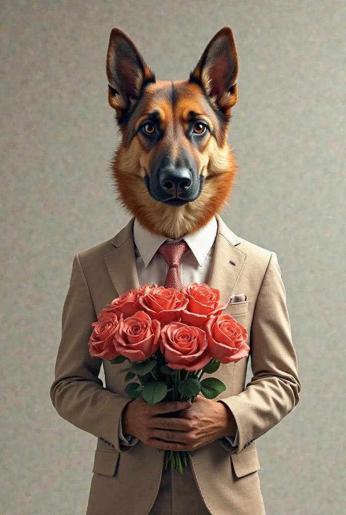 Can you generate a cartoon of an American Bully dog standing on two legs in a suit and tie, carrying a bouquet of roses wrapped in gift paper between its front paws?