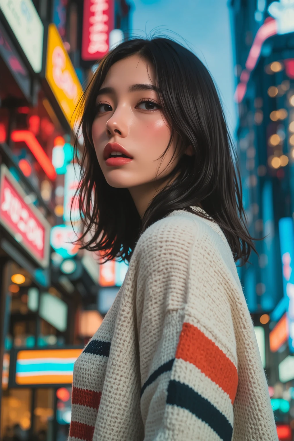 (1 female),Pink lipstick ,4K, 8k, super resolution, HDR Original Photo, sharp focus, Elaborate textures, realistic, detailed facial features, highly detailed face, ((top quality)), ((걸작)), ((detailed)), (striking), enchanting, (Incredibly Surprising), building, symbol of love, glass skyscraper, skybridge tower ,night,standing,Neon lights, Electric Light, Vivid Light ,  neon light , Overall Clarity, Balanced Depth of Field,sweater,Vyxia2