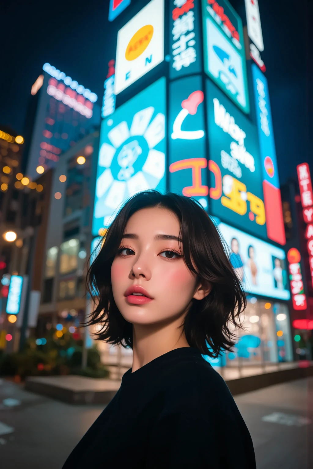 (1 female),Pink lipstick ,4K, 8k, super resolution, HDR Original Photo, sharp focus, Elaborate textures, realistic, detailed facial features, highly detailed face, ((top quality)), ((걸작)), ((detailed)), (striking), enchanting, (Incredibly Surprising), building, symbol of love, glass skyscraper, skybridge tower ,night,standing,Neon lights, Electric Light, Vivid Light ,  neon light , Overall Clarity, Balanced Depth of Field,sweater,Vyxia2