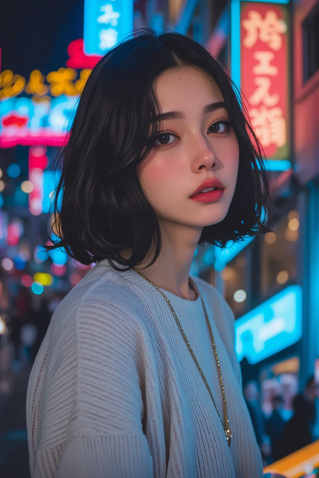 (1 female),Pink lipstick ,4K, 8k, super resolution, HDR Original Photo, sharp focus, Elaborate textures, realistic, detailed facial features, highly detailed face, ((top quality)), ((걸작)), ((detailed)), (striking), enchanting, (Incredibly Surprising), building, symbol of love, glass skyscraper, skybridge tower ,night,standing,Neon lights, Electric Light, Vivid Light ,  neon light , Overall Clarity, Balanced Depth of Field,sweater,Vyxia2