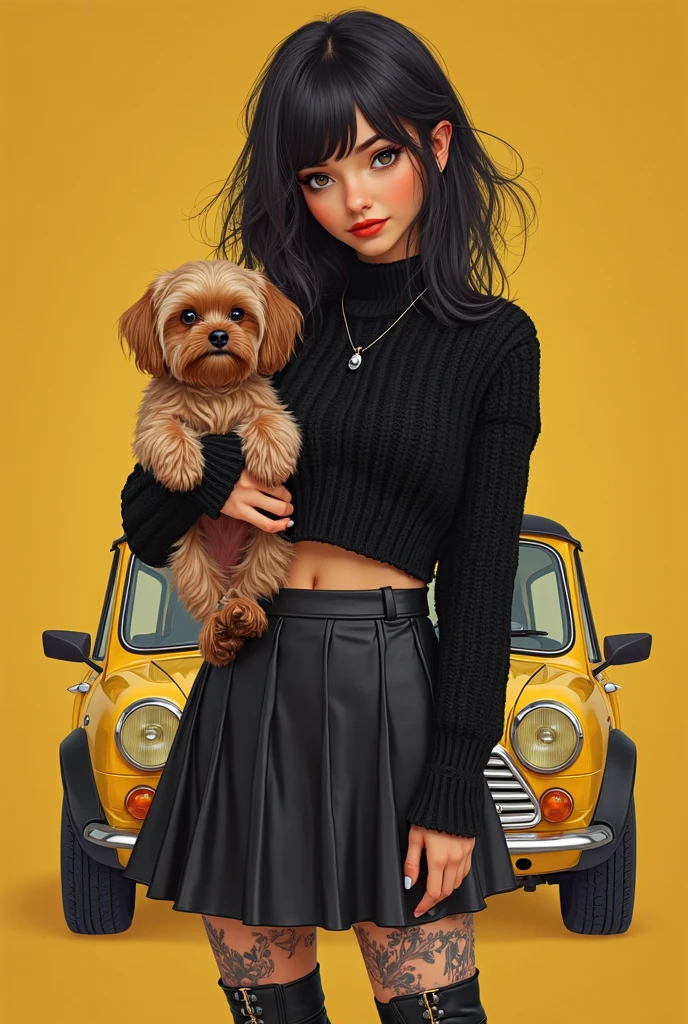beautiful tanned japanese woman, wearing a designer black glittery cashmere coat, with a Gucci motif inner lining accent, and a hoodie with a green, red and gold floral pattern. and black fabric turtle neck loose satin dress, gold zipper, thick eyebrows, photorealistic, masterpiece, moncler, messy bun brown highlighted hair, open coat, lips pouting, pouts, void black background with smokes and nice lighting, holding tan pug puppy with black golden collar