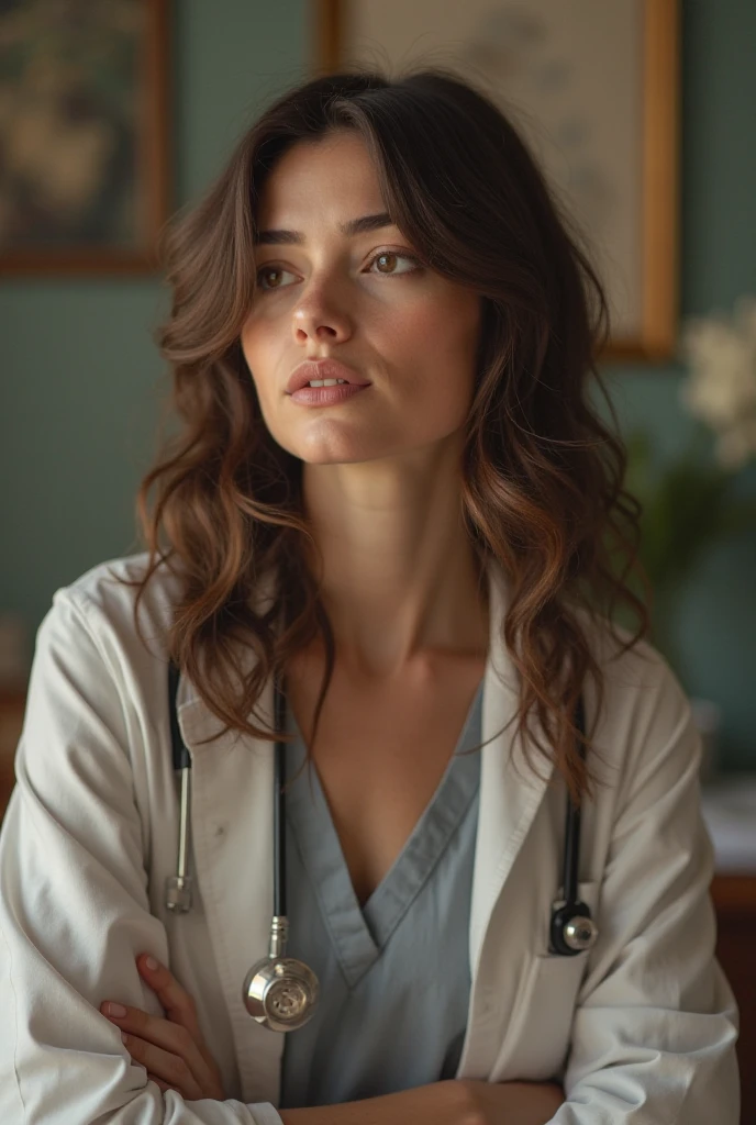 (Thirty year old) nurse woman, wearing a (nurses uniform::1.3), stethoscope, beautiful legs, dreamy photo, dramatic pose, looking directly at camera, intense stare, slight smile, soft expression, flirty, beautiful landscape, misty, Canon, (Detailed features::1.2), real life. Hayley Atwell, intricate, 8k, highly detailed, (extremely detailed CG unity 8k wallpaper), ((square jaw)), (well defined jaw), (downturned lips), (detailed anatomy), Hyperrealistic full shot body image, trending on CGSociety, Intricate, High Detail, Sharp focus, dramatic, volumetric lighting, digital painting, intense, modelshoot style, (extremely detailed CG unity 8k wallpaper), full shot body photo of the most beautiful artwork in the world, pearl skin, professional majestic oil painting by Ed Blinkey, Atey Ghailan, Studio Ghibli, by Jeremy Mann, Greg Manchess, Antonio Moro, trending on ArtStation, photorealistic painting art by midjourney and greg Rutkowski