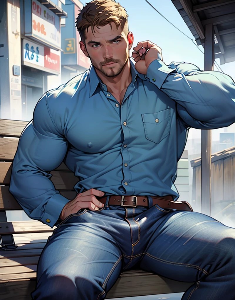 Best quality, masterpiece, muscular male vampire, extremely pale skin, red eyes, wolfcut blond hair, tight leather jacket and denim jeans, grabs bulge, leaning against brick wall in dimly lit alleyway, at night, gay, homoerotic, best view, best art style, perfect fingers, no watermark, no logo, no signature
