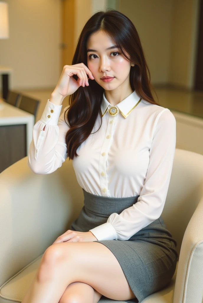 1 Girl,office,Sitting in an office chair,Soft Light,Chinese Beauty,Tight Fit,dress,Dark-haired,long hair,