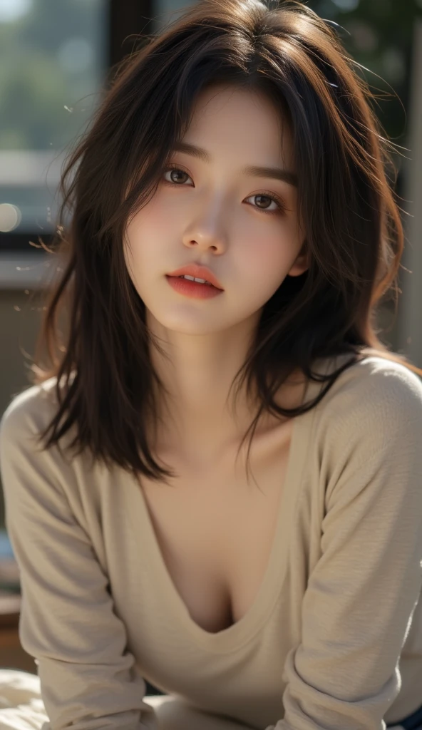 hamabeminami, (RAW photo, best quality), (realistic, photo-realistic:1.4), masterpiece, an extremely delicate and beautiful, extremely detailed, 2k wallpaper, Amazing, finely detail, extremely detailed CG unity 8k wallpaper, ultra-detailed, highres, soft light, beautiful detailed girl, (extremely detailed eyes and face, extremely detailed skin), beautiful detailed nose, slim lips, beautiful detailed eyes, dramatic lighting, perfect anatomy, slender body, short hair, (long face, vline face, beautiful face, big eyes, sharpen jawline, chiseled jawline, blush, big boobs, very huge breasts, cleavage, colossal breasts ,brighten face, light on face, glowing skin, blonde hair)
