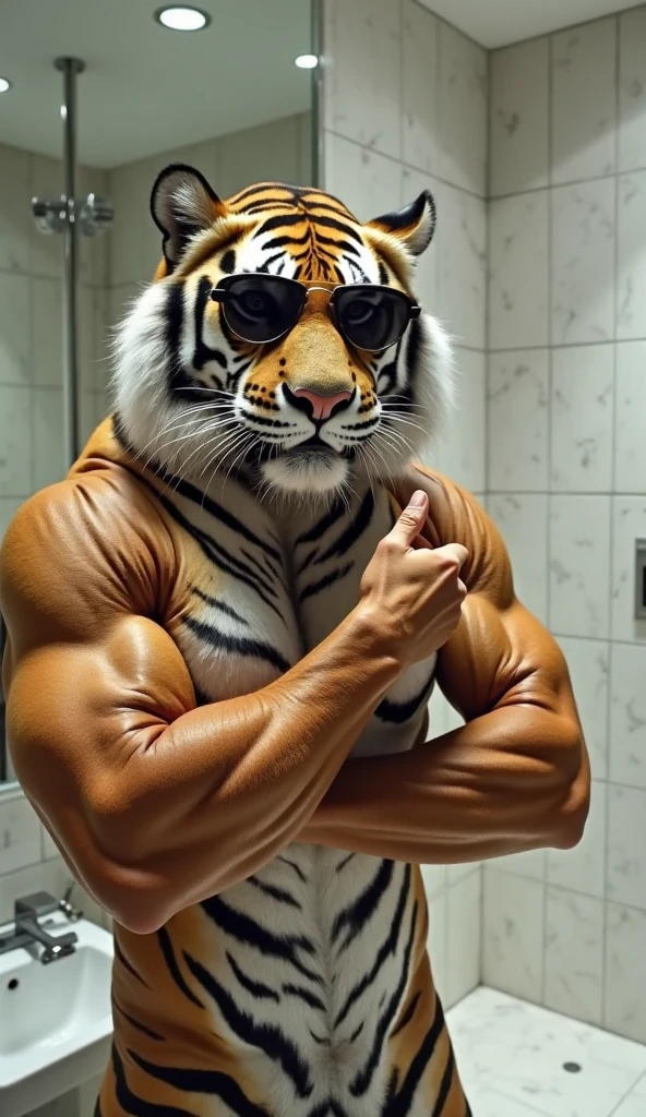 a muscular white tiger wearing a white tank top, black shorts, and a gold chain around its neck, sitting at a table in a japanese restaurant, hyper realistic, highly detailed, cinematic lighting, vibrant colors, digital painting, masterpiece