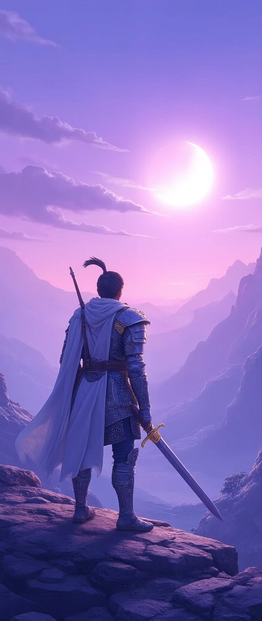 masterpiece, High Quality Line , High Quality Line , High ResolutionCG Unity 8K , landscape, Inferno , ,Award-Winning Photos, High Resolution , Color Difference, anime , anime , The Sun Has Not Came Out , Light Purple Solid Sky with a Crescent Moon, A Hero in Sword and Armor、 rocky ground。
