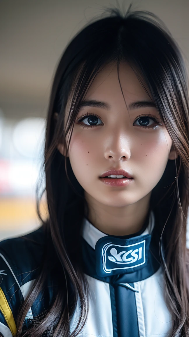 Highest quality　High resolution　Simple　F1 Grand Prix　Racecourse　Companion cute girl　Beautiful face　Race Queen　20 years old　（（head to waste ））