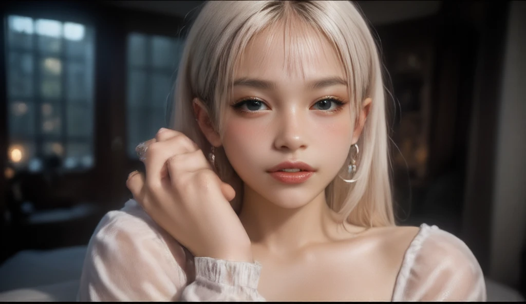 there is a woman with long hair and a necklace on, Moleksandra Shchaslyva, wearing several pendants, Alina Ivanchenko, Anastasia Ovchinnikova, Anna Nikonova aka Newmilky, imagem de perfil, Ekaterina, Serena Malyon, Directed by: Amédée Ozenfant, prata e cores frias, wearing labradorite veils